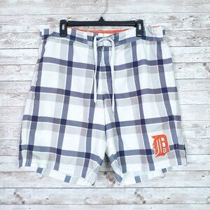 Detroit Tigers Mens Swim Trunks L Velcro Tie Waist Plaid Orange D 767